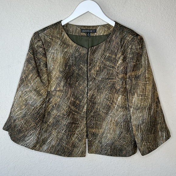 Lafayette 148 Tan and Brown 3/4 Sleeve Open Front Blazer Jacket Size 12 - Picture 1 of 13